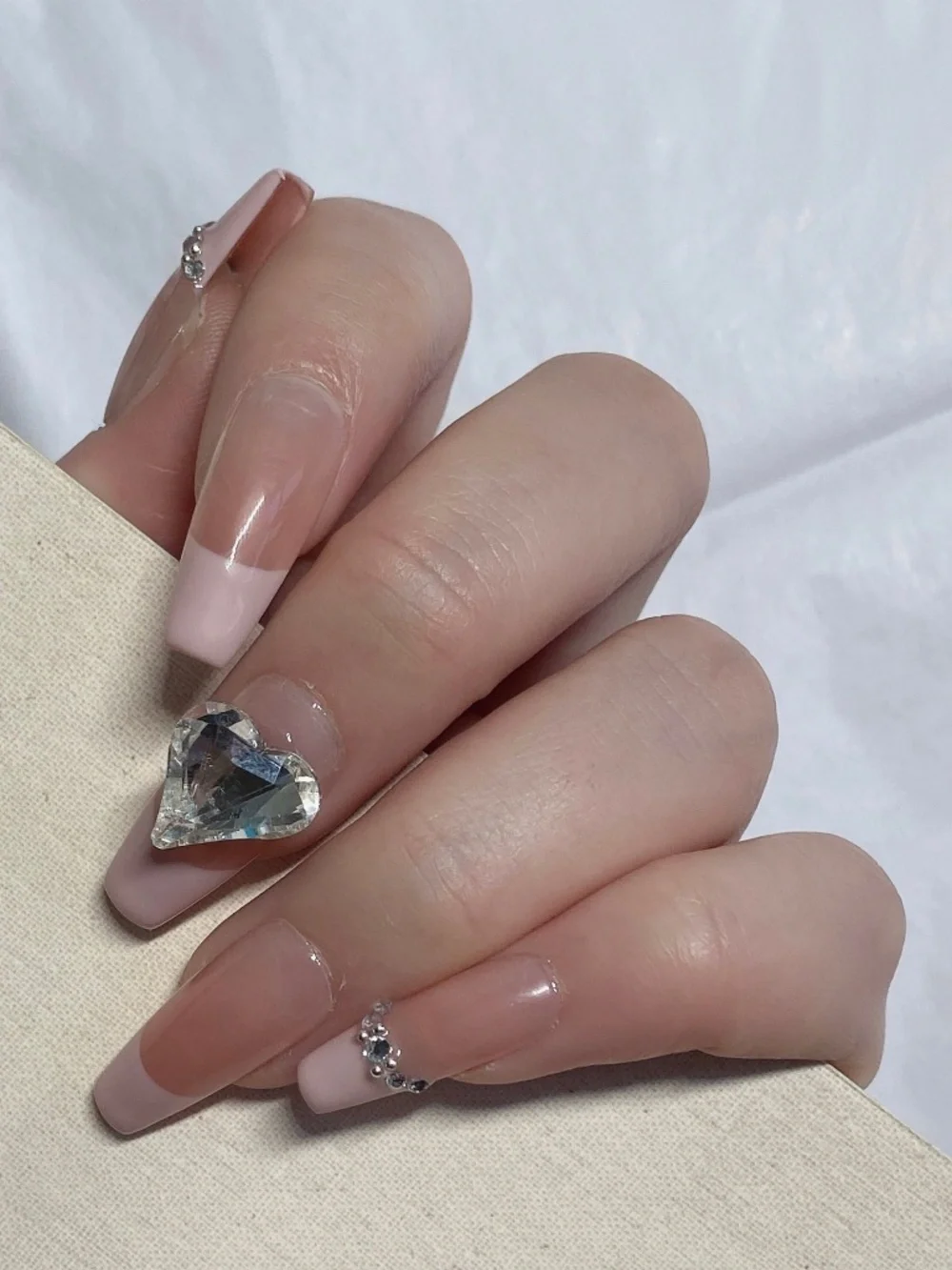 Elegant Pink French Press-On Nails with Heart Crystal Accent